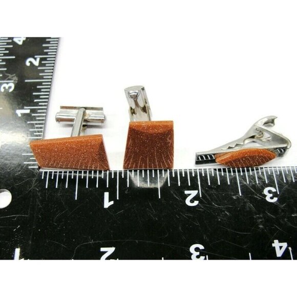 Cufflinks Silver Tone Copper Glitter Set Neck Tie Clip Tux Shirt Dress Suit Vtg - Picture 3 of 7